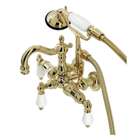 Kingston Brass CA1011T2 3-3/8" Tub Wall Mount Clawfoot Tub Faucet with Hand Shower, Polished Brass CA1011T2